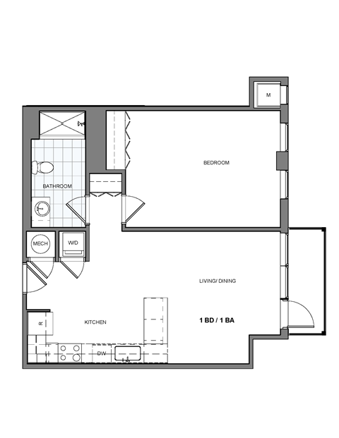 Floor plan for 1 bed, 1 bath, 767 sqft